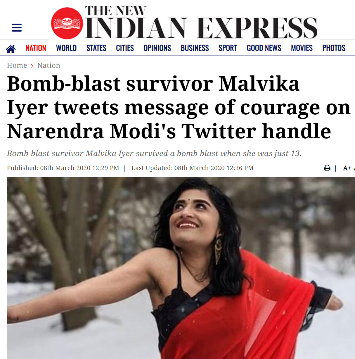 Bomb-blast survivor Malvika Iyer tweets message of courage on Narendra Modi's Twitter handle