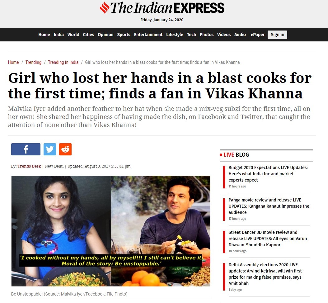 Girl who lost her hands in a blast cooks for the first time; finds a fan in Vikas Khanna