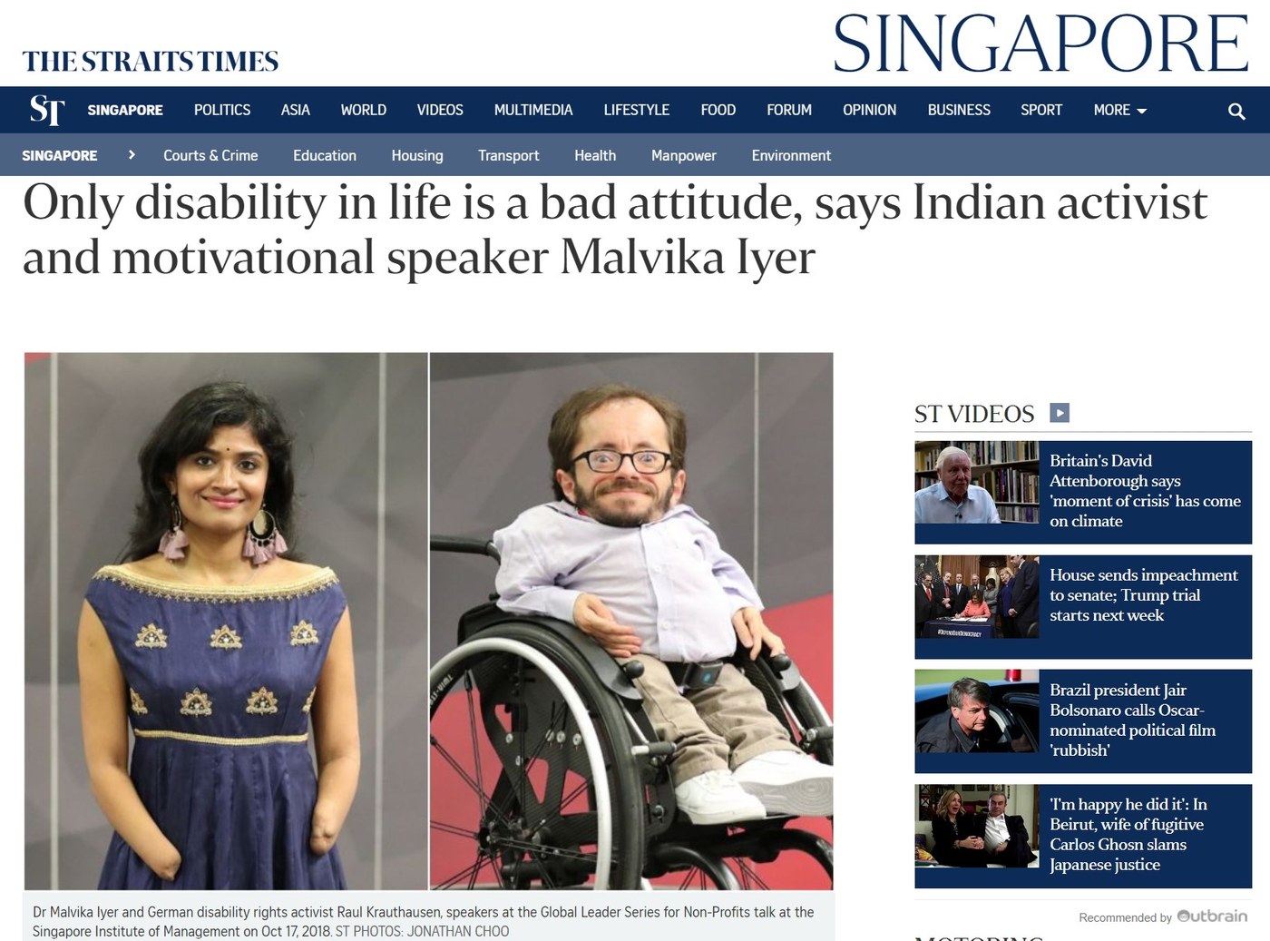 Only disability in life is a bad attitude, says Indian activist and motivational speaker Malvika Iyer